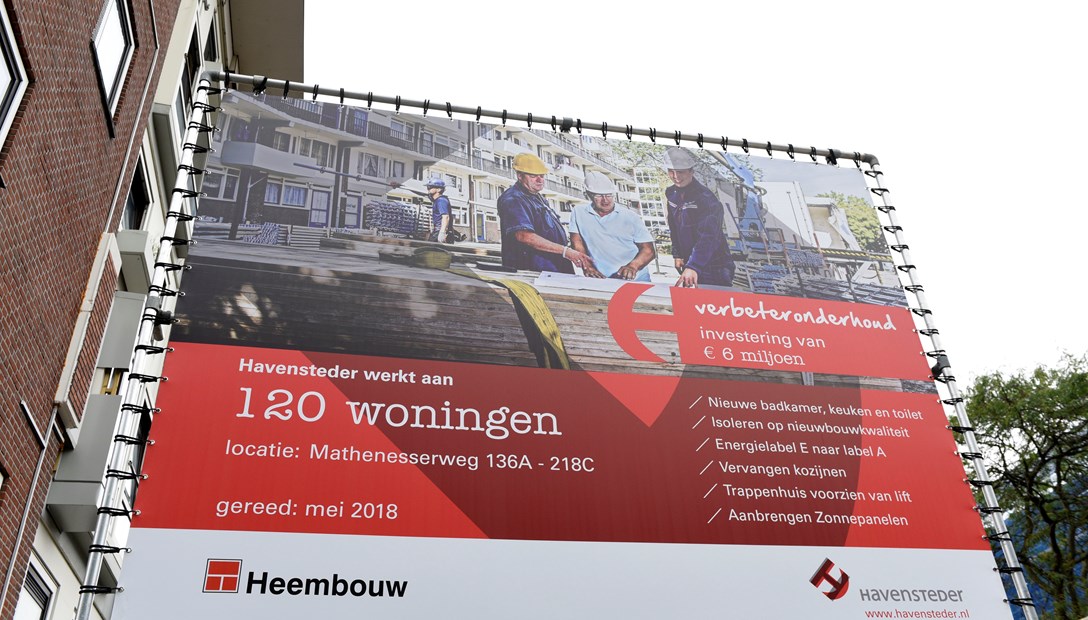 Bouwbord Verduurzaming 120 woningen Mathenesserweg Rotterdam